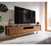 Meuble-TV Stonegrace 175 cm acacia marron plaqué pierre 2 portes 1 tiroir 1 compartiment pied en V noir