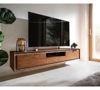 Meuble-TV Stonegrace 175 cm acacia marron plaqué pierre 2 portes 1 tiroir 1 compartiment suspendu
