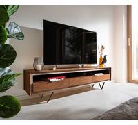 Meuble-TV Stonegrace 175 cm acacia marron plaqué pierre 3 tiroirs 1 compartiment pied en V noir