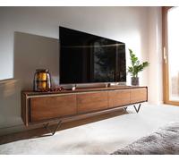 Meuble-TV Stonegrace 200 cm acacia marron placage pierre 4 portes pied en V noir