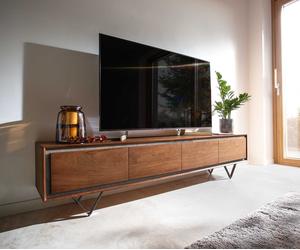 Meuble-TV Stonegrace 200 cm acacia marron placage pierre 4 portes pied en V noir