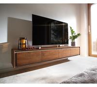Meuble-TV Stonegrace 200 cm acacia marron plaqué pierre 4 portes en suspension