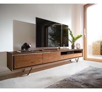 Meuble-TV Stonegrace 240 cm acacia marron plaqué pierre 2 portes 2 tiroirs 1 compartiment pied en V noir