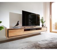 Meuble-TV Stonegrace 240 cm acacia nature 2 portes 1 compartiment 2 tiroirs placage en pierre flottant