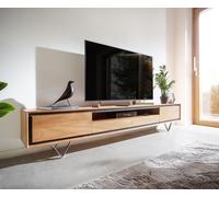 Meuble -TV Stonegrace 240 cm acacia nature 2 portes 1 compartiment 2 tiroirs placage en pierre pieds en V