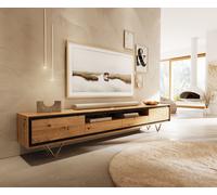 Meuble-TV Stonegrace 240 cm chêne naturel 2 portes 1 compartiment 2 tiroirs placage pierre pied en V inoxydable