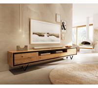 Meuble TV Stonegrace 240 cm Chêne naturel 2 portes 1 compartiment 2 tiroirs Placage pierre Pied en V métal noir