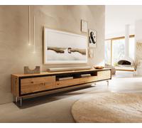 Meuble-TV Stonegrace 240 cm chêne naturel 2 portes 2 tiroirs 1 compartiment pied ovale inoxydable brossé