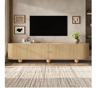 Meuble TV Style Naturel - 2 portes avec rangement - Conception à portes coulissantes- Pieds boule - 180x35x45 cm - MDF - Naturel