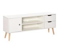 Meuble TV style scandinave placard 2 niches 2 tiroirs passe-fils panneaux particules blanc bois pin
