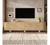 Meuble TV, Support Télé avec 2 Portes Coulissantes, Meuble Salon Ovale Design Rétro, Pieds Sphériques, Lowboard, 180x35x45cm,Naturel