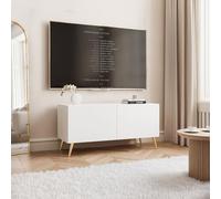 Meuble TV sur pieds LED 2 compartiments 100 cm Blanc mat | 100 x 40 x 36 cm, Panneau mélaminé, Rangement pratique, Vérins à gaz, Coin multimédia, Éclairage LED