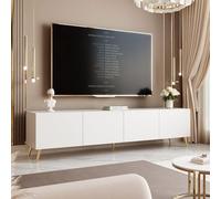 Meuble TV sur pieds LED 4 compartiments 200 cm Blanc mat | 200 x 40 x 36 cm, Panneau mélaminé, Rangement pratique, Vérins à gaz, Coin multimédia, Éclairage LED