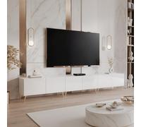Meuble TV sur pieds LED 6 compartiments 300 cm Blanc brillant | 300 x 40 x 36 cm, Panneau mélaminé, Rangement pratique, Vérins à gaz, Coin multimédia, Éclairage LED
