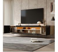 Meuble TV Suspendu 180 cm | Banc Mural avec LED, Finition Brillante | Buffet Flottant 3 Rangements | Noir et Bois