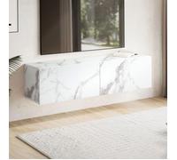 Meuble TV suspendu 2 portes 120x30x30 cm effet marbre blanc - KYONI