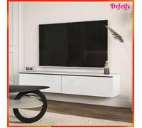 Meuble TV suspendu - AKOZON - 11655 - Blanc brillant - 160x35x30 cm - 2 portes basculantes