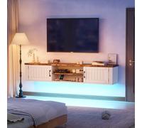 Meuble TV Suspendu avec Station de Charge et LED, 160cm Moderne Meuble Télé Mural Flottant, Console Média avec Rangements, pour Salon, Chambre, Blanc et Bois Rustique