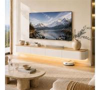 Meuble TV Suspendu avec Tiroirs, Meuble TV Flottant en Bois Massif, Banc TV | Grand Rangement Ouverture Rabattable, Entretien Facile Et Câbles Cachés - Salon Espace Détente(Wood White+led,L78.74IN/2M)