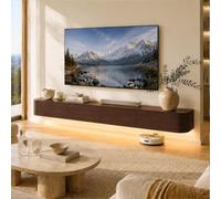 Meuble TV Suspendu avec Tiroirs, Meuble TV Flottant en Bois Massif, Banc TV | Grand Rangement Ouverture Rabattable, Entretien Facile Et Câbles Cachés - Salon Espace Détente(Walnut+led,L55.12IN/1.4M)