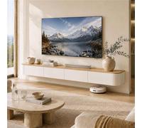 Meuble TV Suspendu avec Tiroirs, Meuble TV Flottant en Bois Massif, Banc TV | Grand Rangement Ouverture Rabattable, Entretien Facile Et Câbles Cachés - Salon Espace Détente(Wood White,L86.61IN/2.2M)
