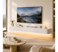 Meuble TV Suspendu avec Tiroirs, Meuble TV Flottant en Bois Massif, Banc TV | Grand Rangement Ouverture Rabattable, Entretien Facile Et Câbles Cachés - Salon Espace Détente(White+led,L62.99IN/1.6M)