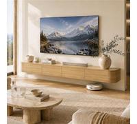 Meuble TV Suspendu avec Tiroirs, Meuble TV Flottant en Bois Massif, Banc TV | Grand Rangement Ouverture Rabattable, Entretien Facile Et Câbles Cachés - Salon Espace Détente(Wood,L70.87IN/1.8M)