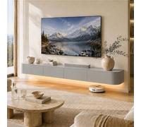 Meuble TV Suspendu avec Tiroirs, Meuble TV Flottant en Bois Massif, Banc TV | Grand Rangement Ouverture Rabattable, Entretien Facile Et Câbles Cachés - Salon Espace Détente(Gray+led,L94.49IN/2.4M)