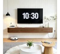Meuble TV Suspendu en Bois Massif Console Multimédia Flottante avec Tiroirs Portes Abattantes Gestion des Câbles Banc Mural Moderne sous Téléviseur pour Salon Chambre Bureau(Walnut,140CM)