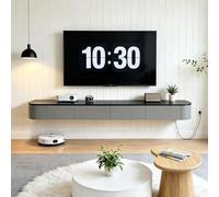 Meuble TV Suspendu en Bois Massif Console Multimédia Flottante avec Tiroirs Portes Abattantes Gestion des Câbles Banc Mural Moderne sous Téléviseur pour Salon Chambre Bureau(Black+G,140CM)