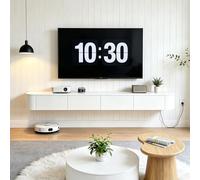 Meuble TV Suspendu en Bois Massif Console Multimédia Flottante avec Tiroirs Portes Abattantes Gestion des Câbles Banc Mural Moderne sous Téléviseur pour Salon Chambre Bureau(White,200CM)