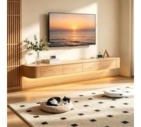 Meuble TV Suspendu Flottant avec Lumières LED RGB - Meuble TV Mural Moderne Blanc pour Rangement Amélioré-Couleur bois-220cm