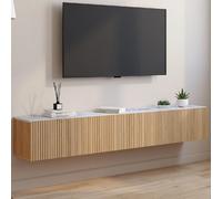 IDMarket Meuble TV suspendu Juliette 180 cm 2 portes plateau effet marbre lattes tasseau bois chêne
