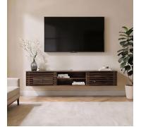 IDIMEX Meuble TV Suspendu RIAN 175 cm avec Portes Coulissantes et Niche avec Étagère en Bois Massif Coloris Noyer, pour Télévision Jusqu'à 75", Meuble de Rangement pour Salon Moderne