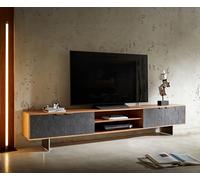 Meuble-TV Teele 240 cm acacia naturel ardoise 4 portes pied flottant inoxydable