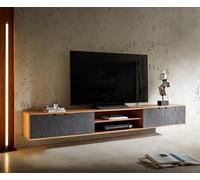 Meuble-TV Teele 240 cm acacia naturel Schiste 4 portes flottantes