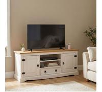 Meuble TV TEQUILA de 140 cm en bois style mexicain avec 1 tiroir 2 niches et 2 portes, en pin massif lasuré blanc et brun