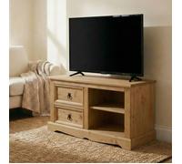 IDIMEX Meuble TV Tequila L 120 cm en Bois Massif Brun avec 2 tiroirs et 2 niches, Meuble de Salon Style Mexicain, pour télévision jusqu'à 127 cm