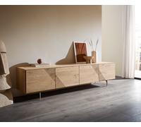 Meuble-TV Tereos 220 cm, chêne naturel, effet 3D, 4 portes, pieds en angle, acier inoxydable brossé