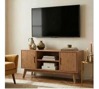 Meuble TV TIVOLI banc télé de 114 cm design vintage scandinave nordique 2 portes et 2 niches, en pin massif lasuré brun foncé