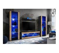 Meuble TV Tivoli Set Grande Komodee - LED Bleues - Bois naturel Mat et Noir - 250 x 159 x 35 cm