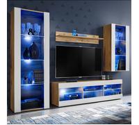 Meuble TV Tivoli Set Medio Komodee - LED bleues - Blanc Mat ET Bois naturel - 195x159x35 cm