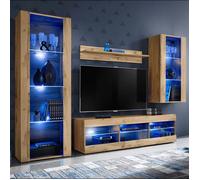 Meuble TV Tivoli Set Medio Komodee - LED bleues - Bois naturel Mat ET Bois naturel - 195x159x35 cm