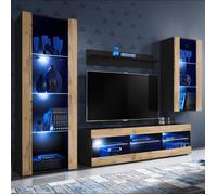 Meuble TV Tivoli Set Medio Komodee - LED bleues - Bois naturel Mat ET Noir - 195x159x35 cm