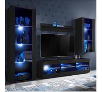 Meuble TV Tivoli Set Medio Komodee - LED bleues - Noir Mat ET Noir - Facades en Mat - 195x159x35 cm
