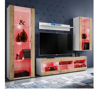 Meuble TV Tivoli Set Medio Komodee - LED RGB - Bois naturel Mat et Blanc - 195x159x35 cm