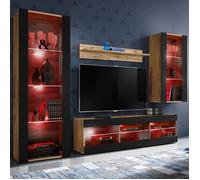 Meuble TV Tivoli Set Medio Komodee - LED RGB - Noir Mat et Bois naturel - 195x159x35 cm
