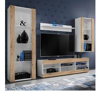 Meuble TV Tivoli Set Medio Komodee - sans LED - Bois naturel Mat et Blanc - 195x159x35 cm