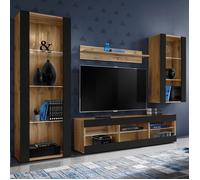Meuble TV Tivoli Set Medio Komodee - sans LED - Noir Mat et Bois naturel - 195x159x35 cm