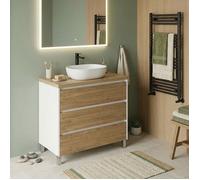 Meuble vasque à poser L.80cm sur pied Blanc laqué 3 tiroirs Chêne naturel LISBONA - sans colonne